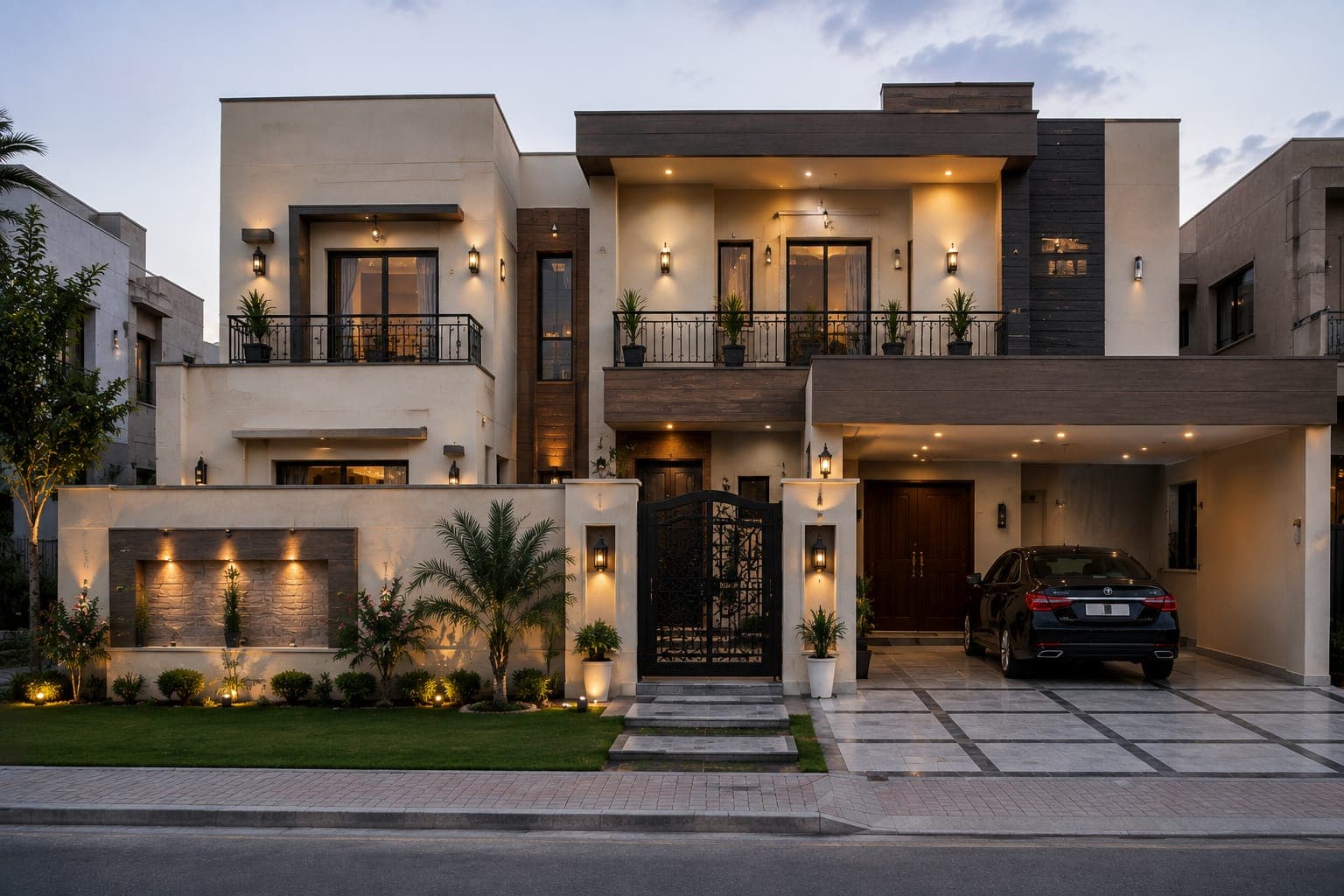 Completed villa, evening elevation with landscaped entrance and boundary gate