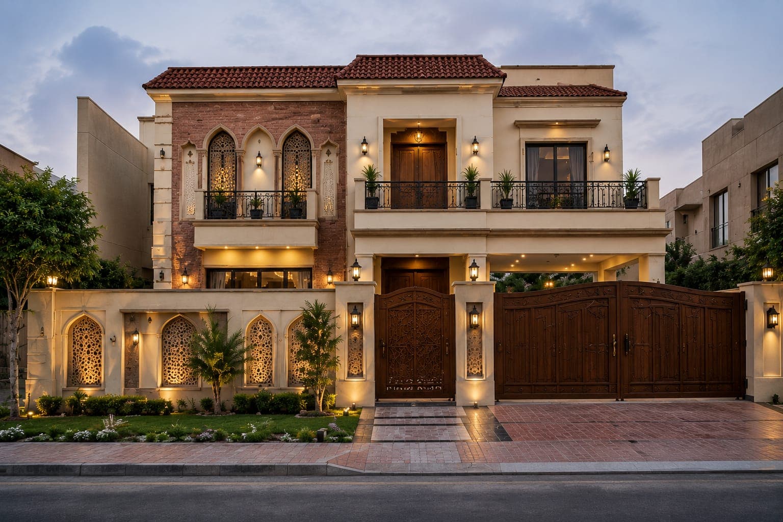 Completed villa, evening elevation with traditional stone-arch detailing