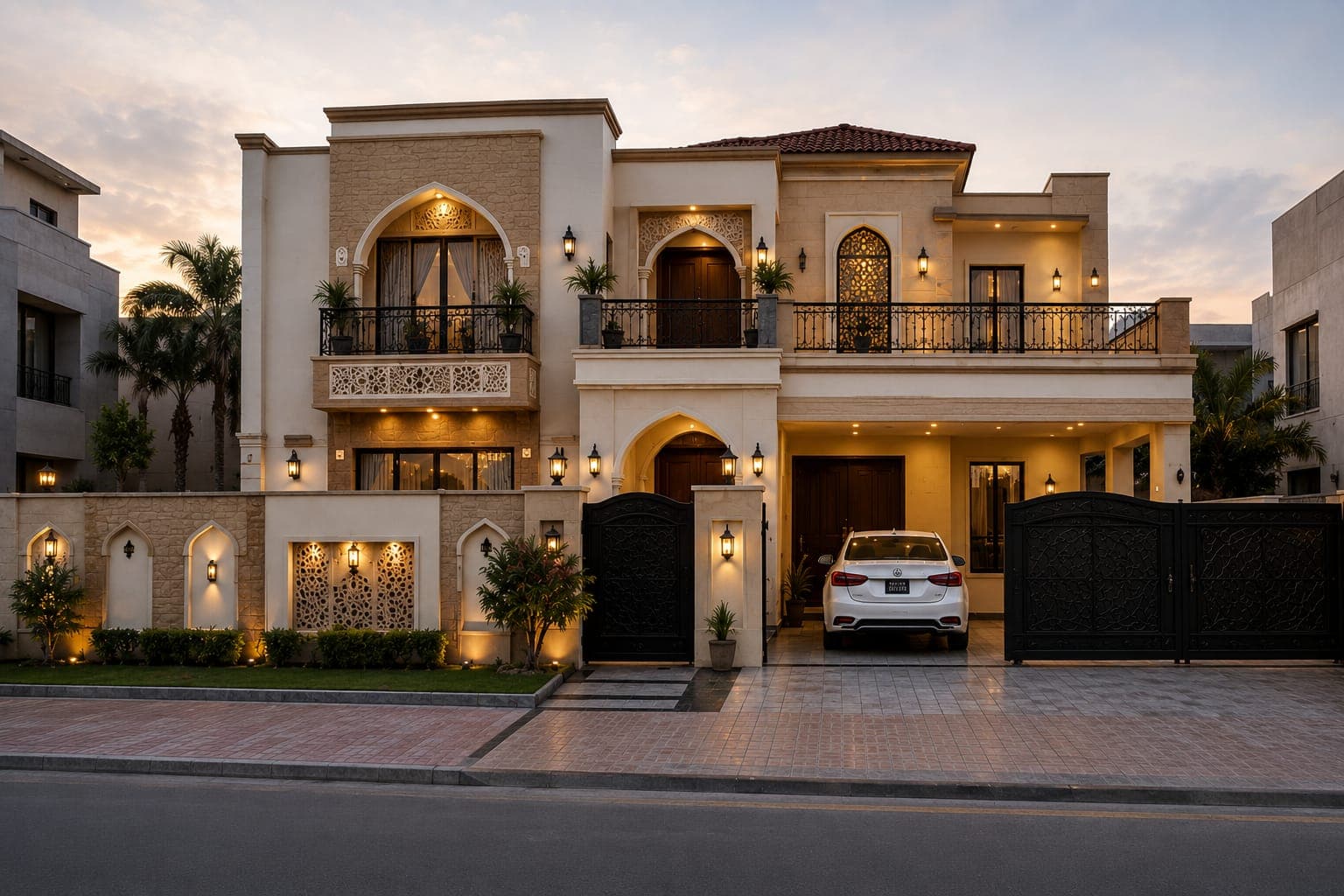 Completed villa, evening elevation — representative unit for this phase's design